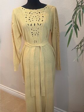70s Vintage Rare Yellow Knit Maxi Dress by Wenjilli W Cutout Detail